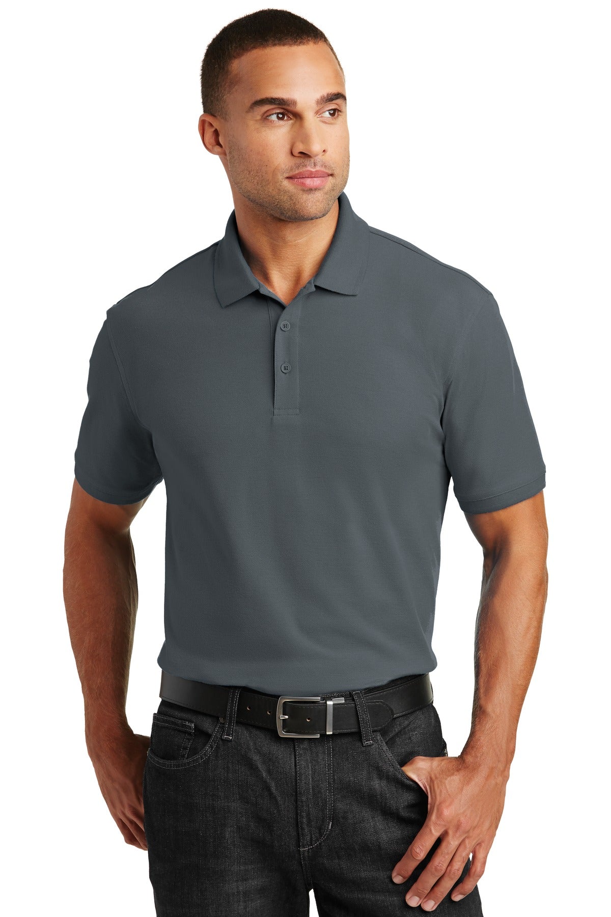 Front View of Graphite Port Authority Core Classic Pique Polo. K100 plain