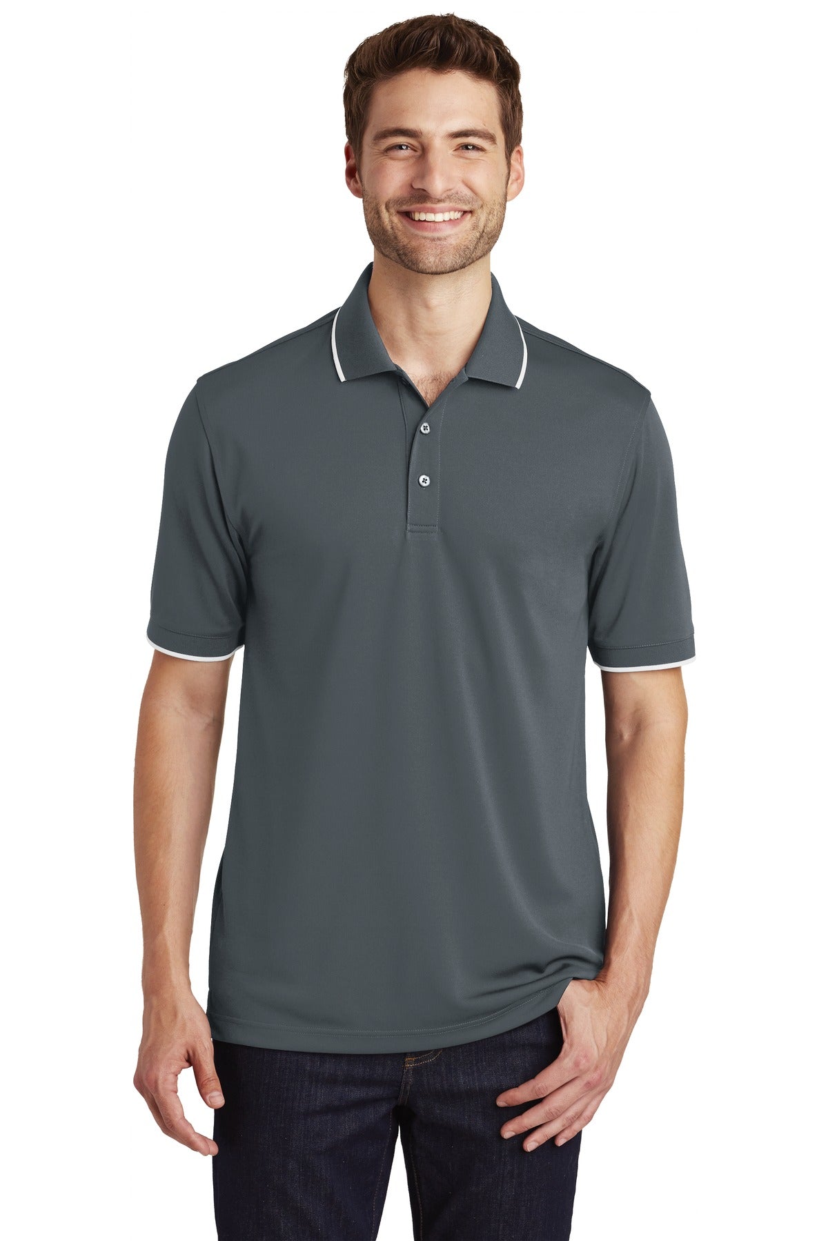Front View of Graphite/White Port Authority Dry Zone UV Micro-Mesh Tipped Polo. K111 plain