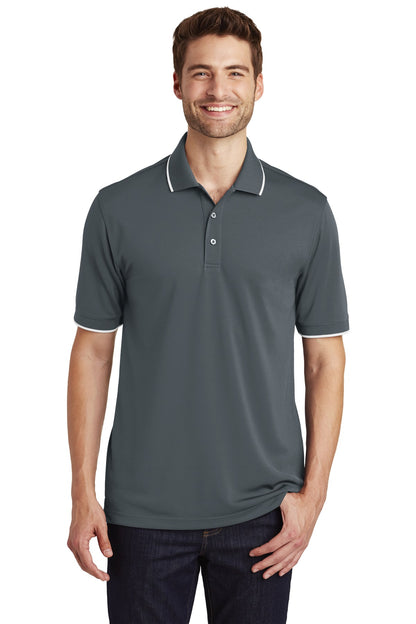 Front View of Graphite/White Port Authority Dry Zone UV Micro-Mesh Tipped Polo. K111 plain