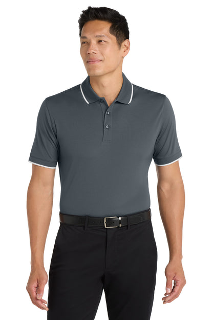 Front View of Graphite/White Port Authority Dry Zone UV Micro-Mesh Tipped Polo. K111 plain