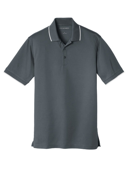 Front View of Graphite/White Port Authority Dry Zone UV Micro-Mesh Tipped Polo. K111 plain