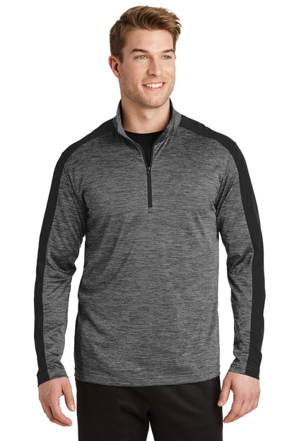 Front View of Grey-Blk E/Blk Sport-Tek PosiCharge Electric Heather Colorblock 1/4-Zip Pullover. ST397 plain