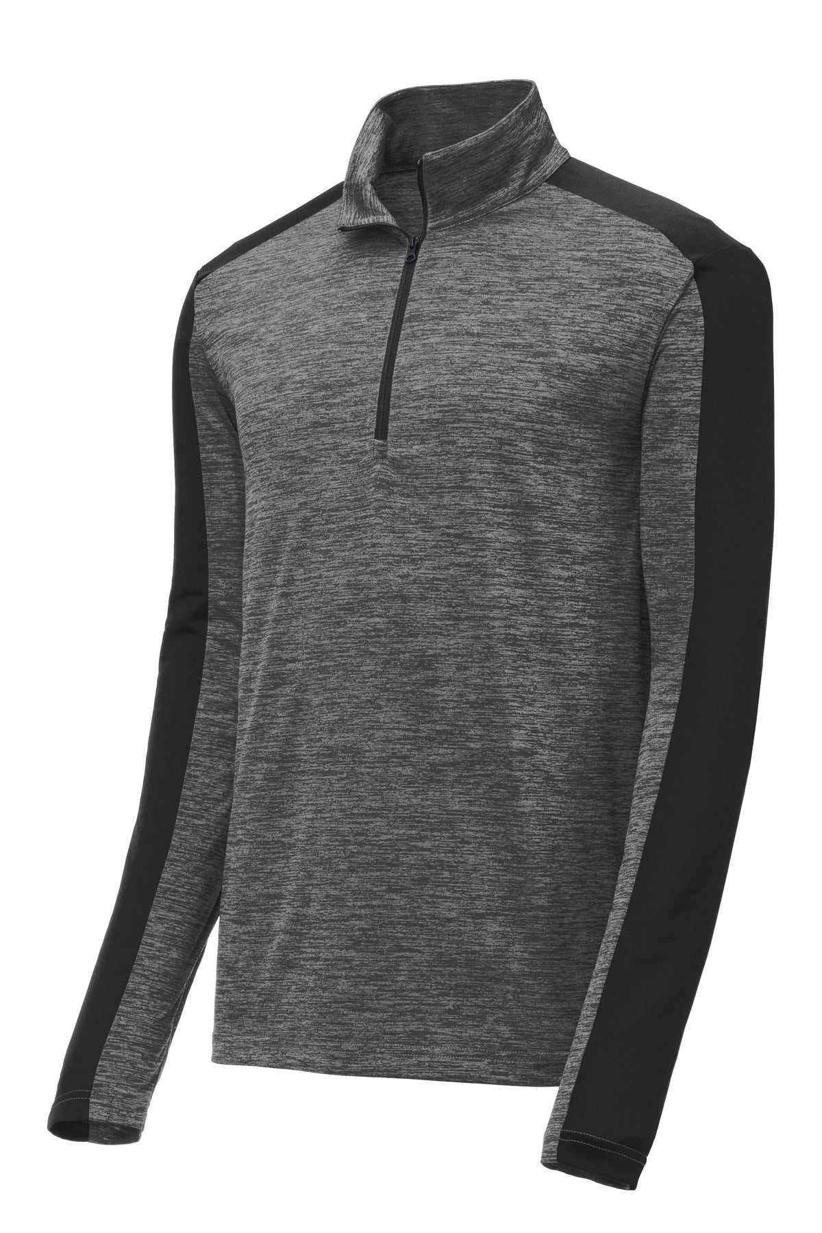 Front View of Grey-Blk E/Blk Sport-Tek PosiCharge Electric Heather Colorblock 1/4-Zip Pullover. ST397 plain