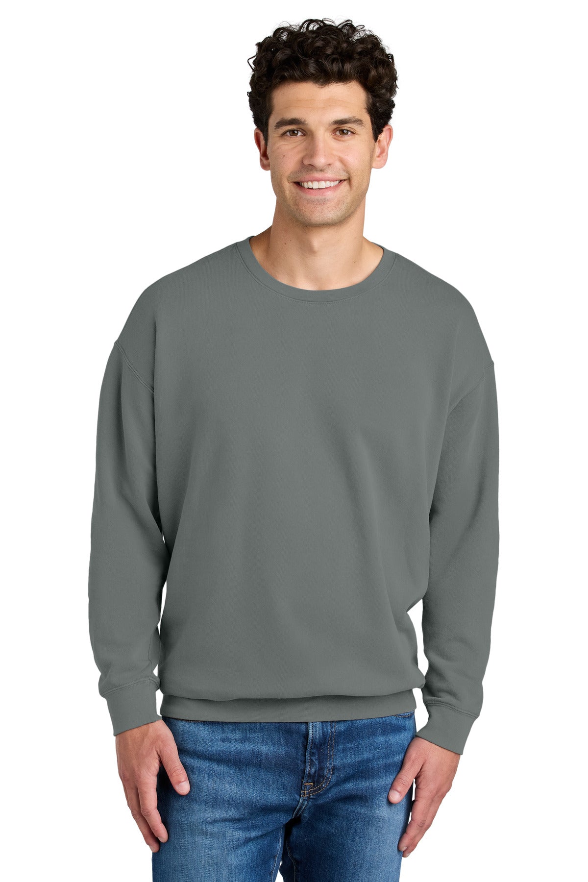 Front View of Grey Comfort Colors Lightweight Crewneck Sweatshirt 1466 plain