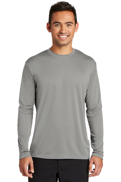 Front View of Grey Concrete Port & Co Long Sleeve Performance Tee. PC380LS plain