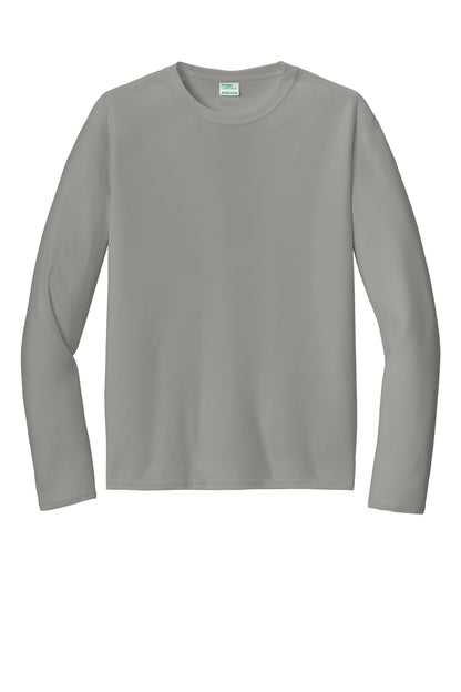 Front View of Grey Concrete Port & Co Long Sleeve Performance Tee. PC380LS plain