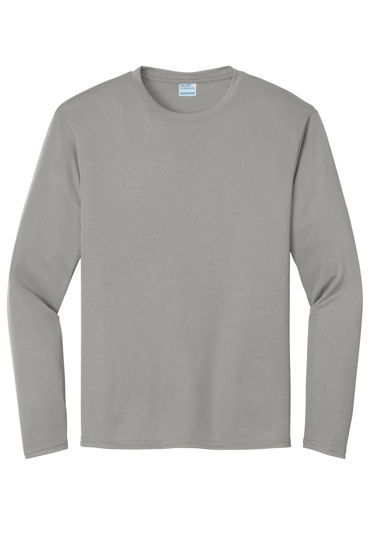 Front View of Grey Concrete Port & Co Long Sleeve Performance Tee. PC380LS plain