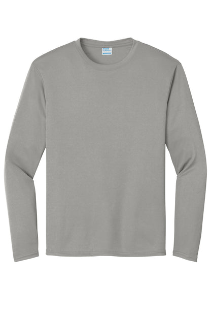 Front View of Grey Concrete Port & Co Long Sleeve Performance Tee. PC380LS plain