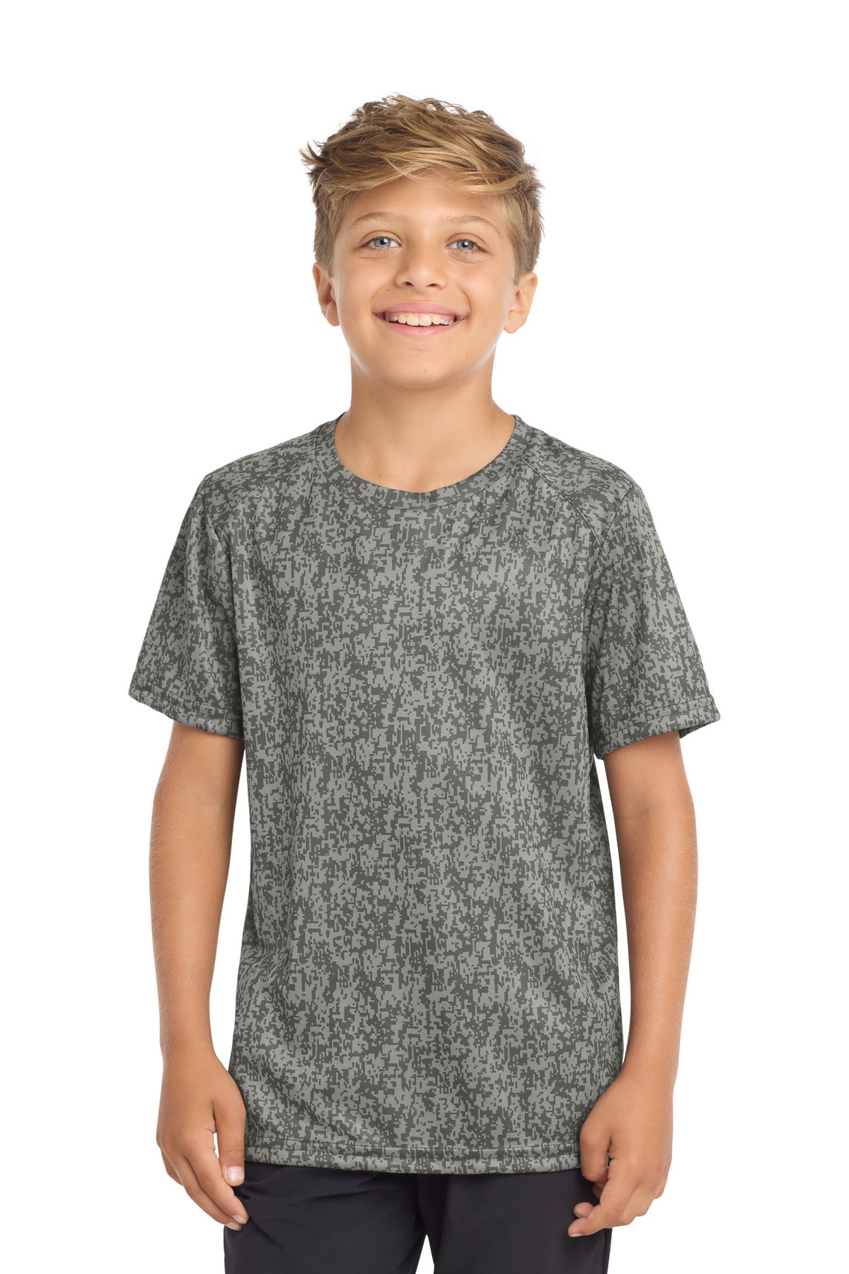 Front View of Grey Concrete Sport-Tek Youth Digi Camo Tee. YST460 plain