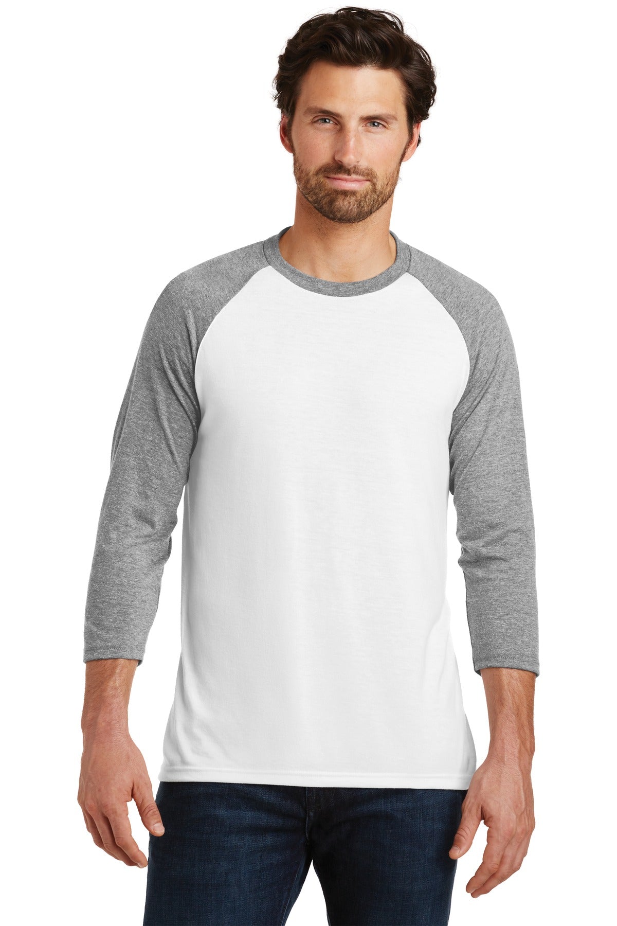 Front View of Grey Fr/White District Perfect Tri 3/4-Sleeve Raglan. DM136 plain