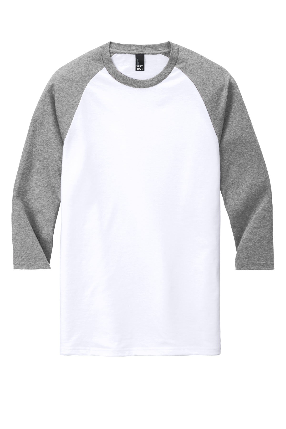Front View of Grey Fr/White District Perfect Tri 3/4-Sleeve Raglan. DM136 plain
