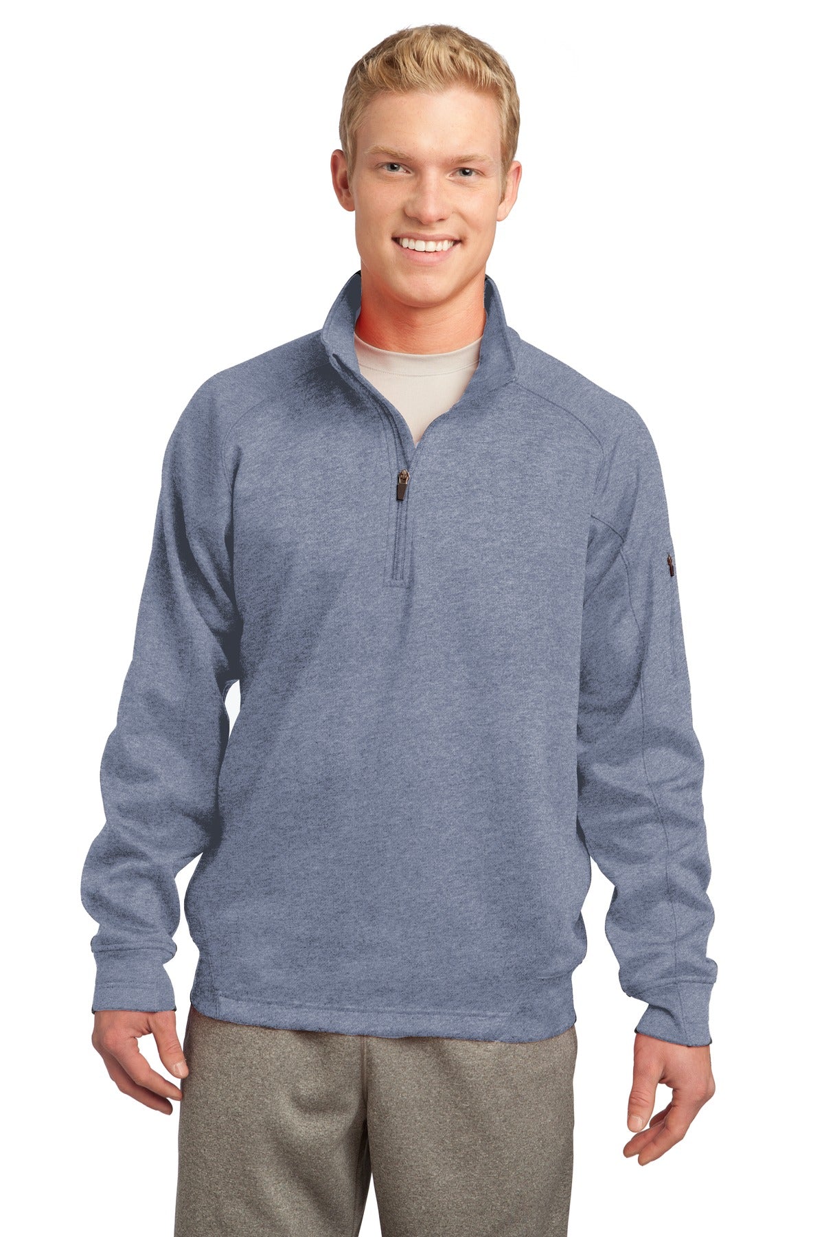 Front View of Grey Heather Sport-Tek Tech Fleece 1/4-Zip Pullover. F247 plain