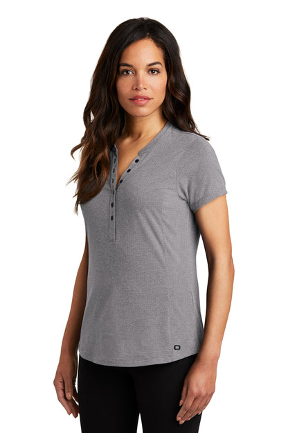 Front View of Grey Hthr OGIO Women's Tread Henley. LOG136 plain