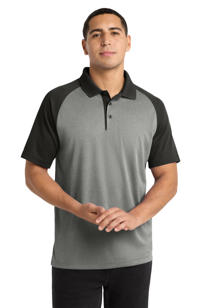 Front View of Grey Hthr/Blk Sport-Tek PosiCharge RacerMesh Raglan Heather Block Polo. ST641 plain