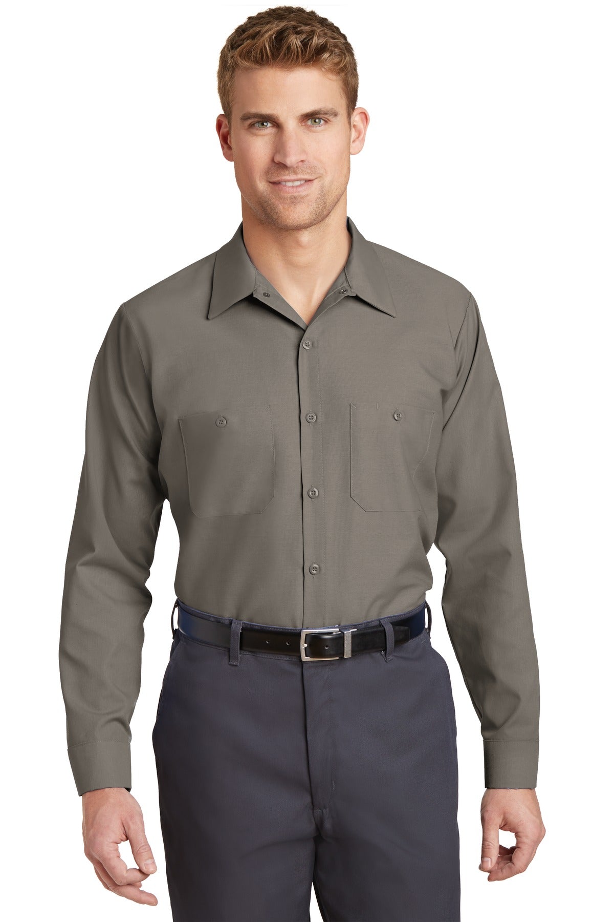 Front View of Grey Red Kap Long Sleeve Industrial Work Shirt. SP14 plain