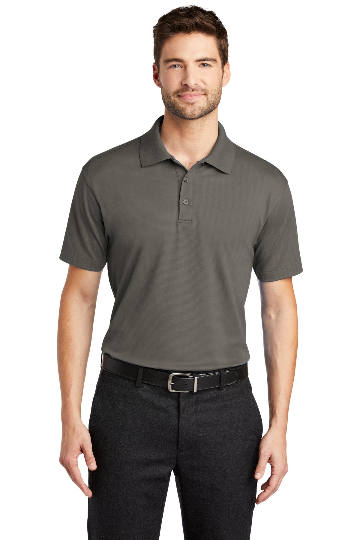 Front View of Grey Smoke Port Authority Rapid Dry Mesh Polo. K573 plain
