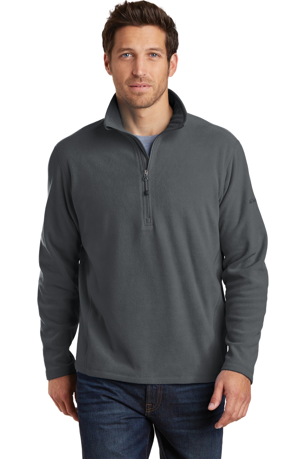 Front View of Grey Steel Eddie Bauer 1/2-Zip Microfleece Jacket. EB226 plain
