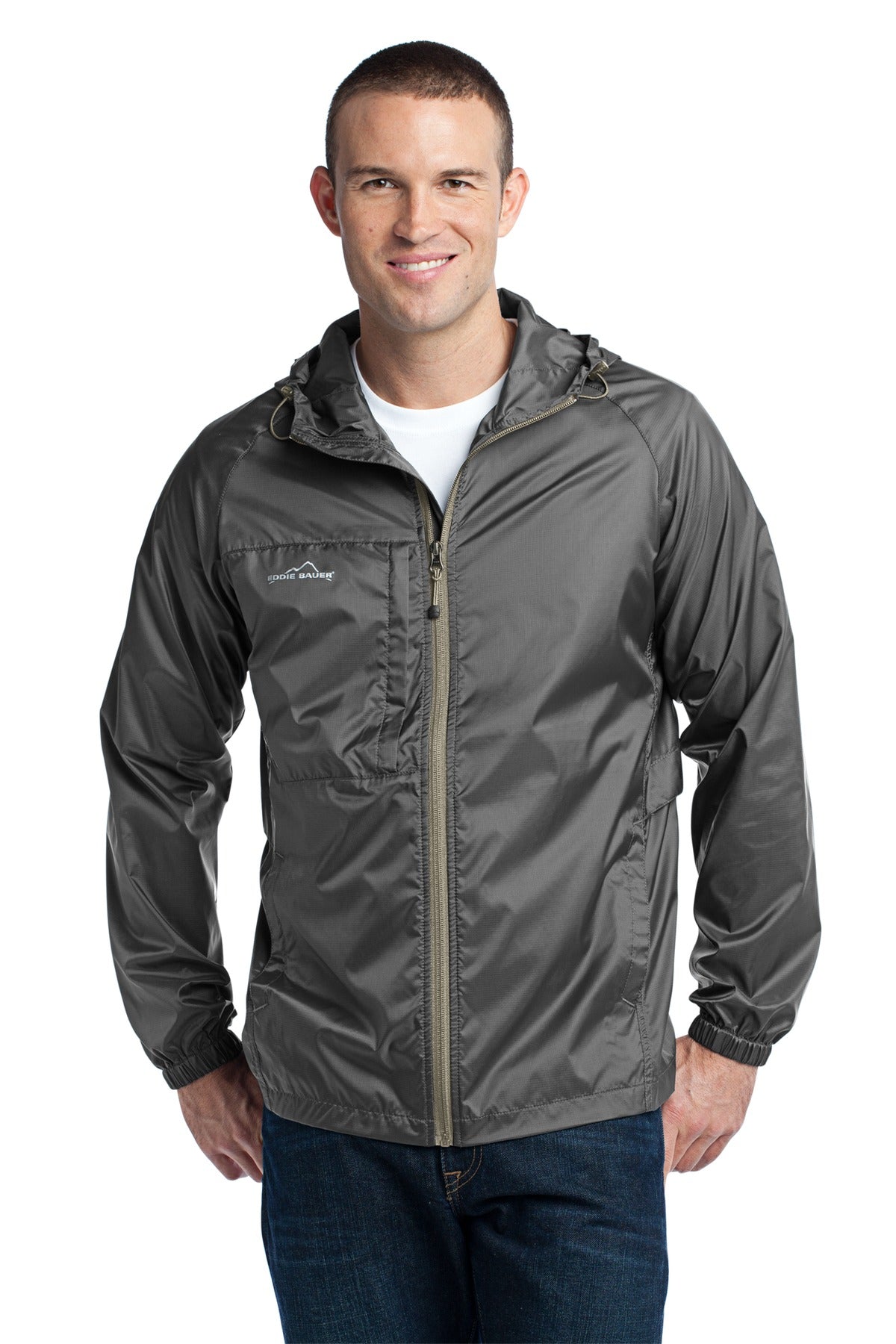 Front View of Grey Steel Eddie Bauer - Packable Wind Jacket. EB500 plain