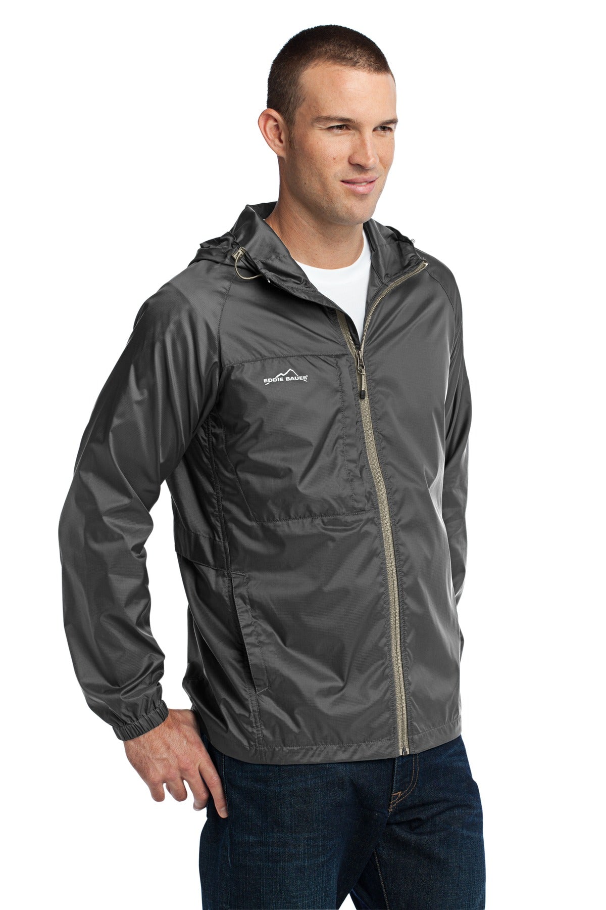 Front View of Grey Steel Eddie Bauer - Packable Wind Jacket. EB500 plain