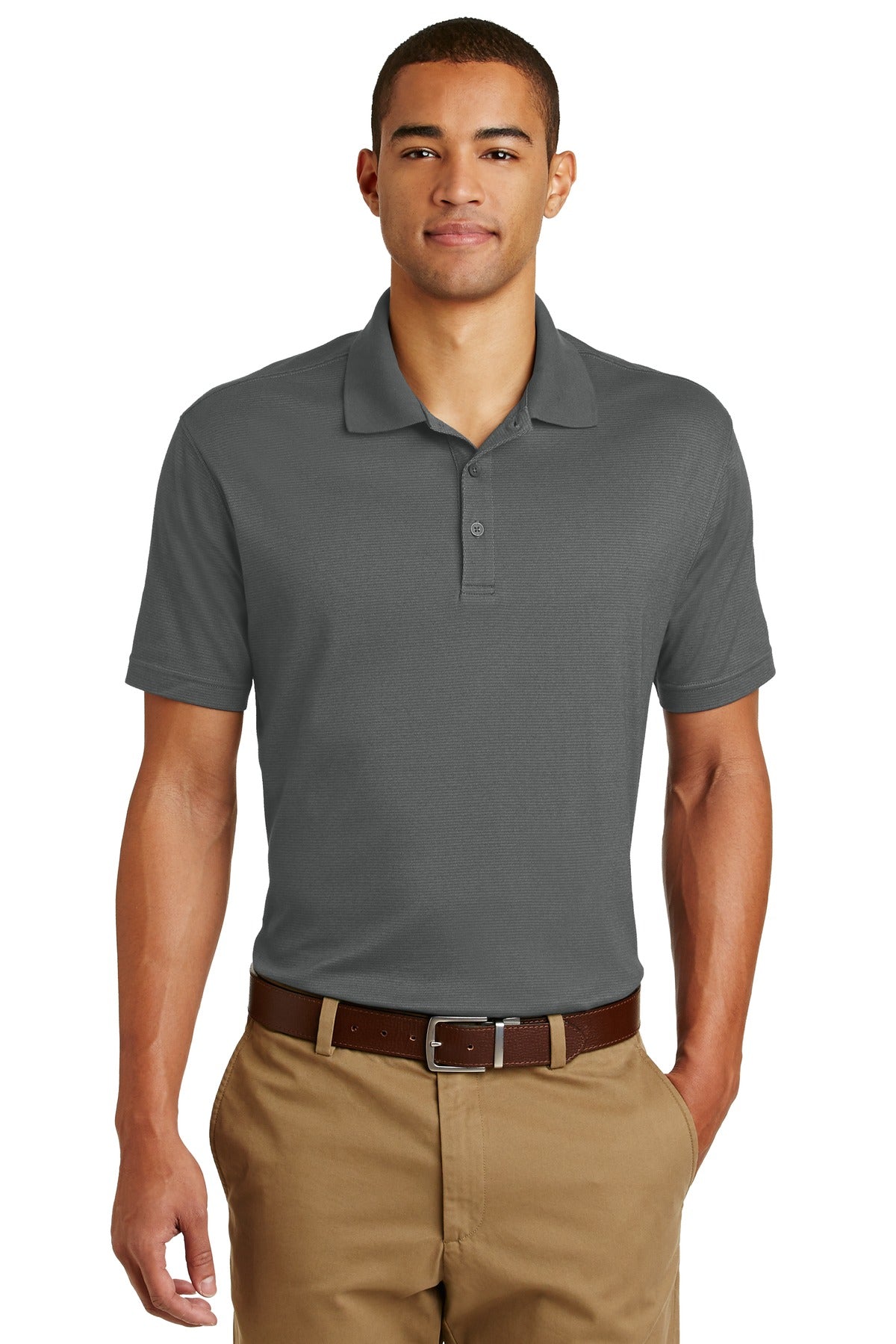 Front View of Grey Steel Eddie Bauer Performance Polo. EB102 plain