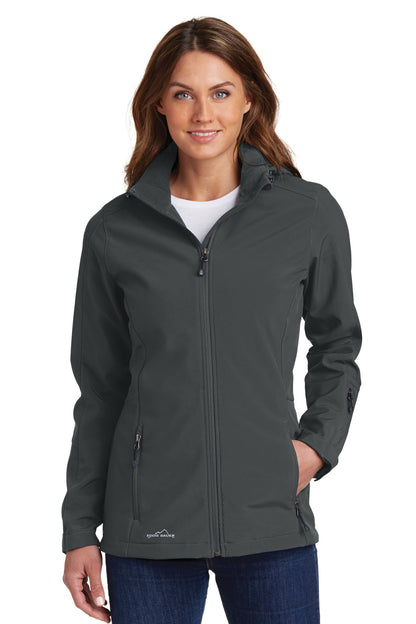 Front View of Grey Steel Eddie Bauer Women's Hooded Soft Shell Parka. EB537 plain