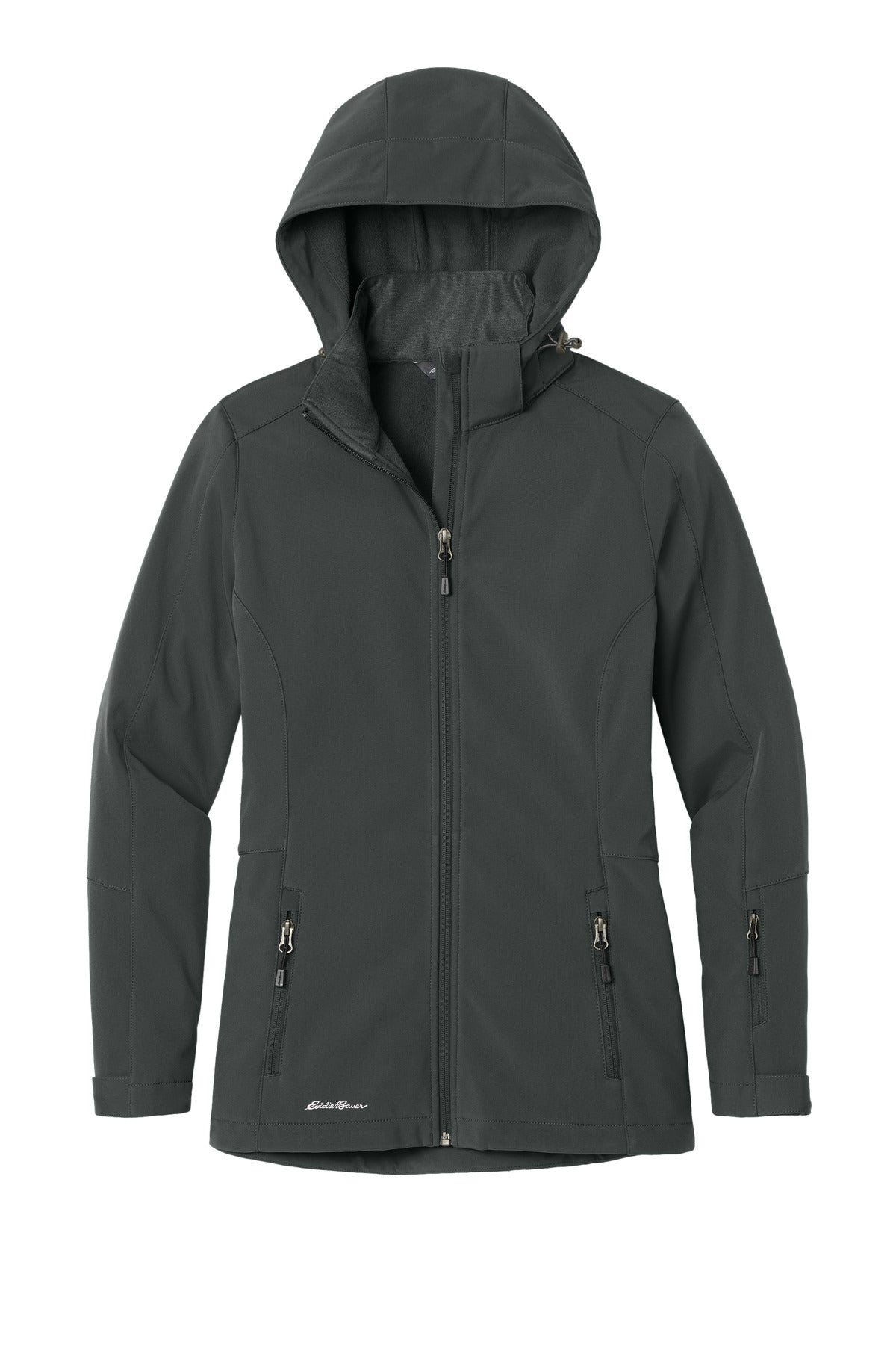 Front View of Grey Steel Eddie Bauer Women's Hooded Soft Shell Parka. EB537 plain
