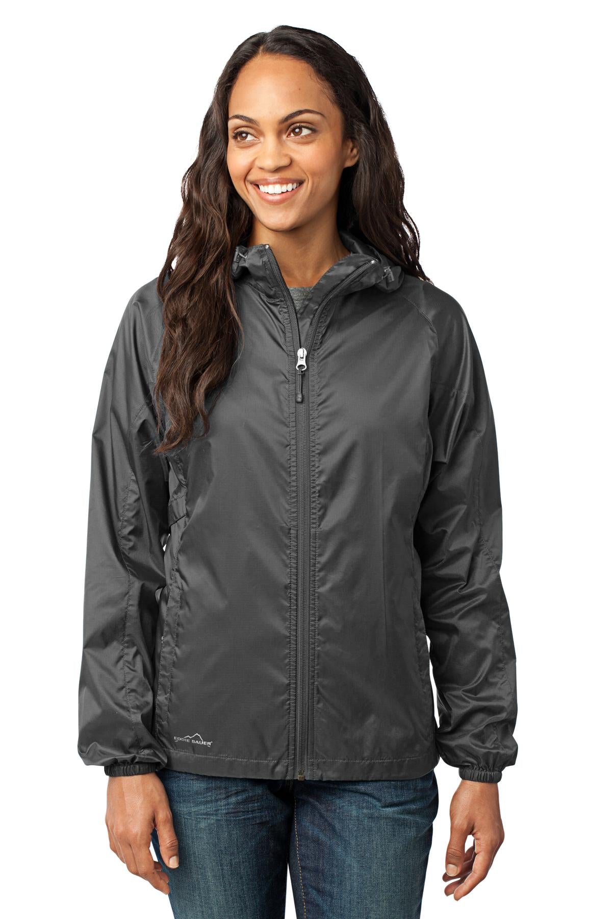 Front View of Grey Steel Eddie Bauer Women's Packable Wind Jacket. EB501 plain