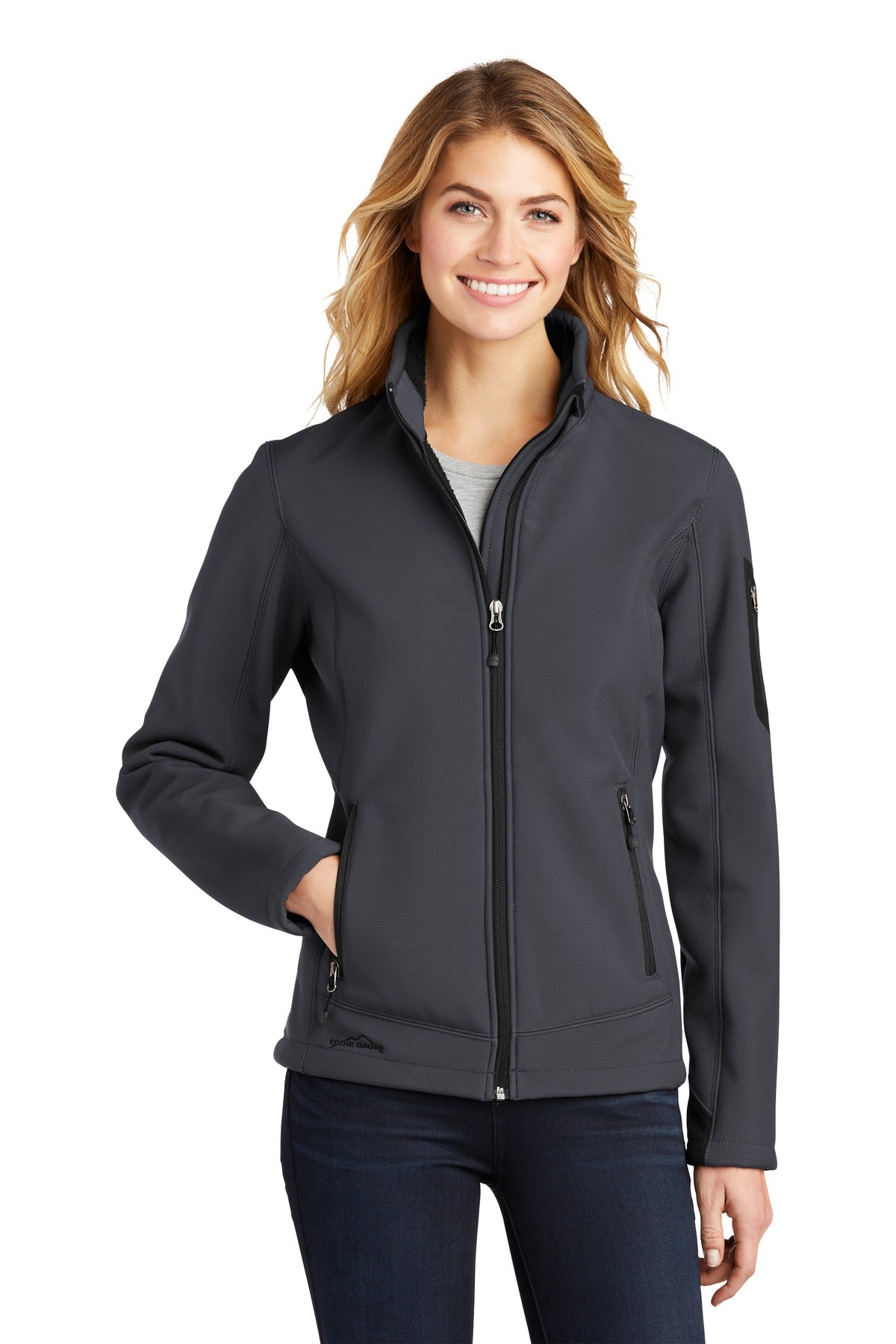 Front View of Grey Steel Eddie Bauer Women's Rugged Ripstop Soft Shell Jacket. EB535 plain