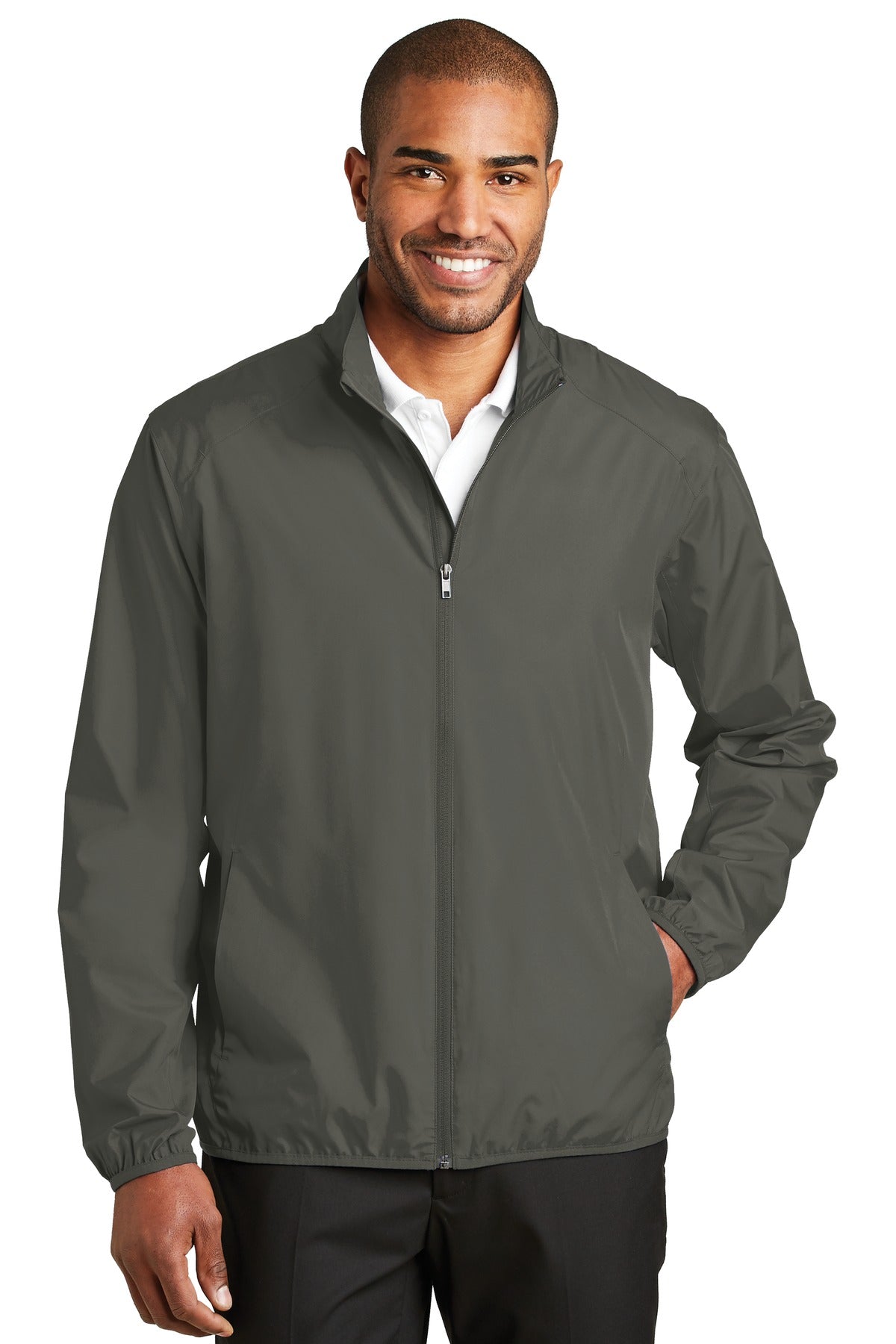 Front View of Grey Steel Port Authority Zephyr Full-Zip Jacket. J344 plain