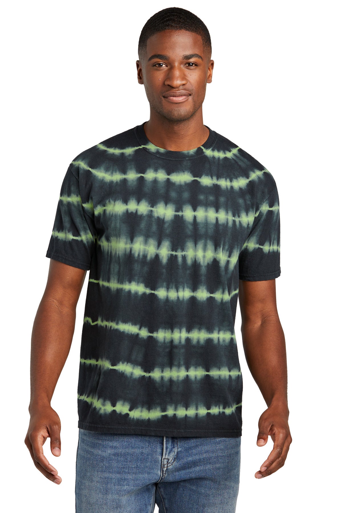Front View of GrnTea/Blk Port & Co Allover Stripe Tie-Dye Tee PC142 plain
