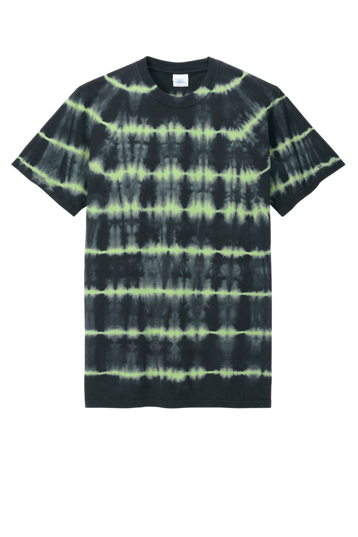 Front View of GrnTea/Blk Port & Co Allover Stripe Tie-Dye Tee PC142 plain