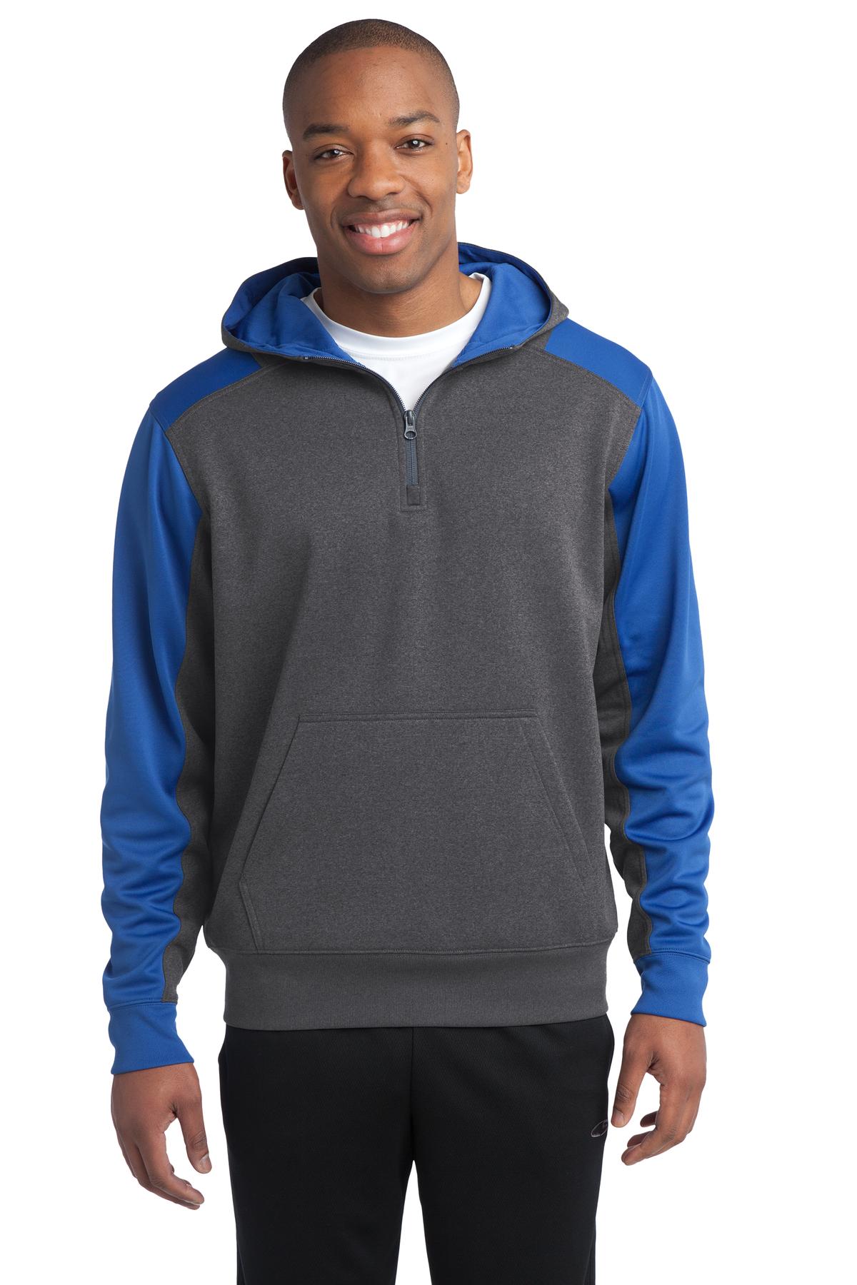 Front View of Grph Hea/TrRoy Sport-Tek Tech Fleece Colorblock 1/4-Zip Hooded Sweatshirt. ST249 plain