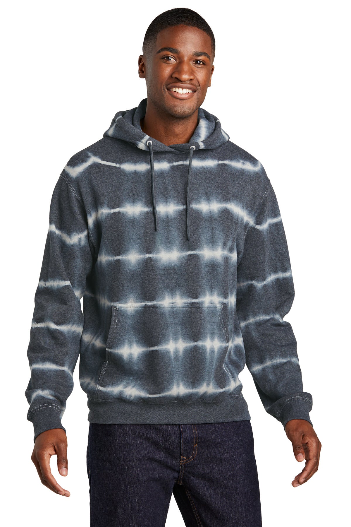 Front View of Grph/LtGry Port & Co Allover Stripe Tie-Dye Fleece PC143 plain
