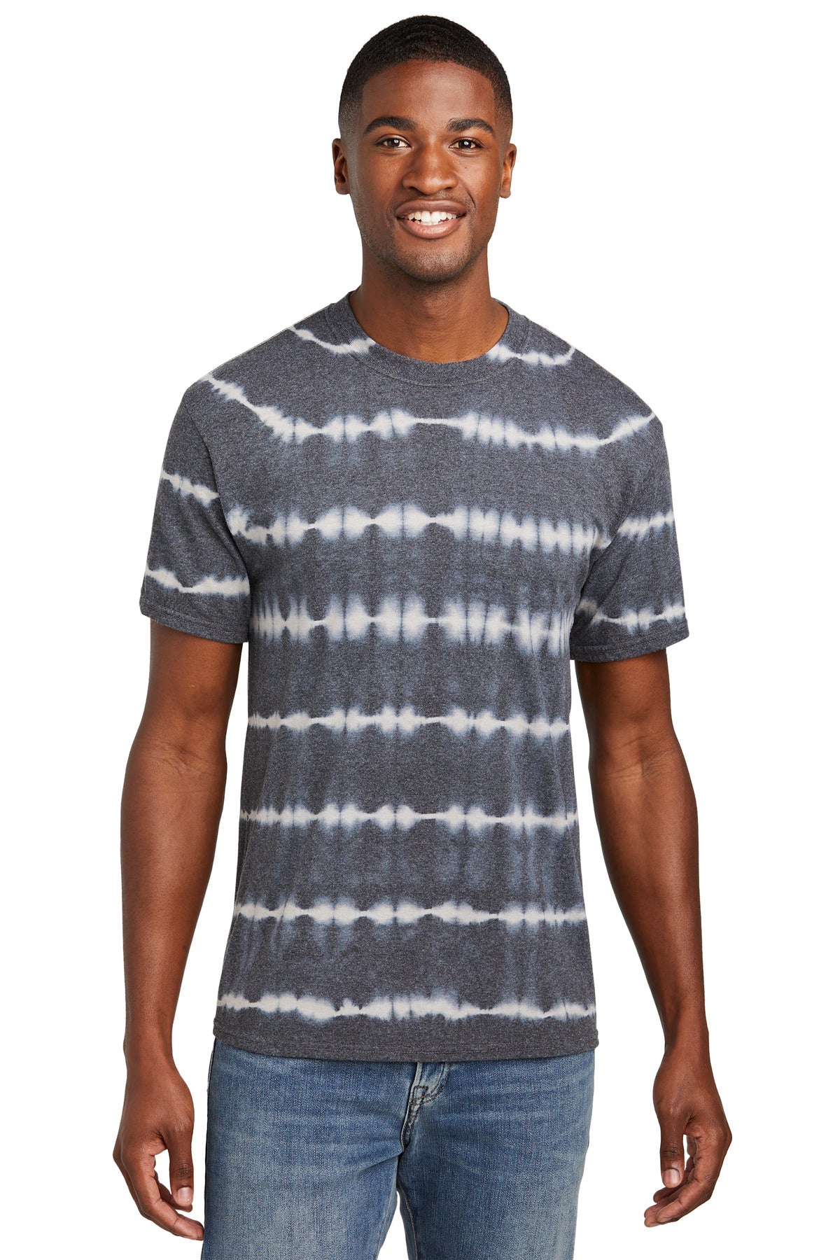 Front View of Grph/LtGry Port & Co Allover Stripe Tie-Dye Tee PC142 plain