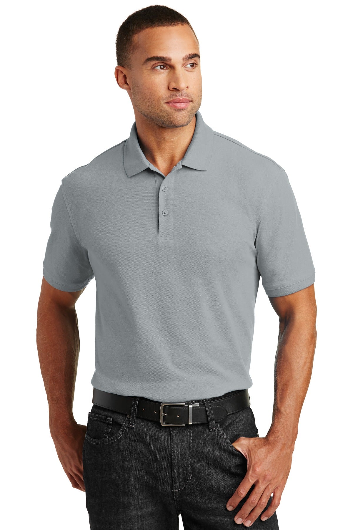 Front View of Gusty Grey Port Authority Core Classic Pique Polo. K100 plain
