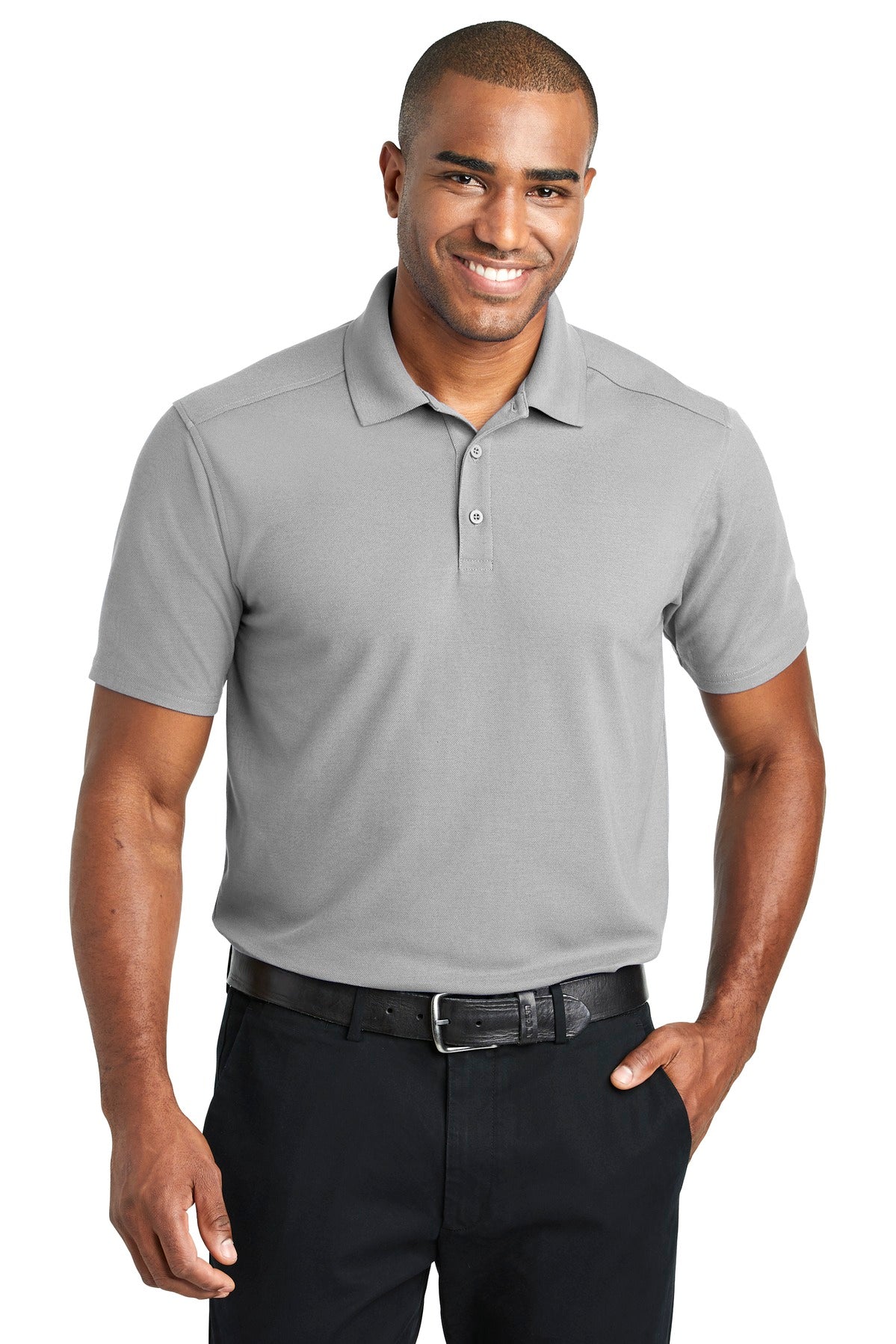 Front View of Gusty Grey Port Authority EZPerformance Pique Polo. K600 plain