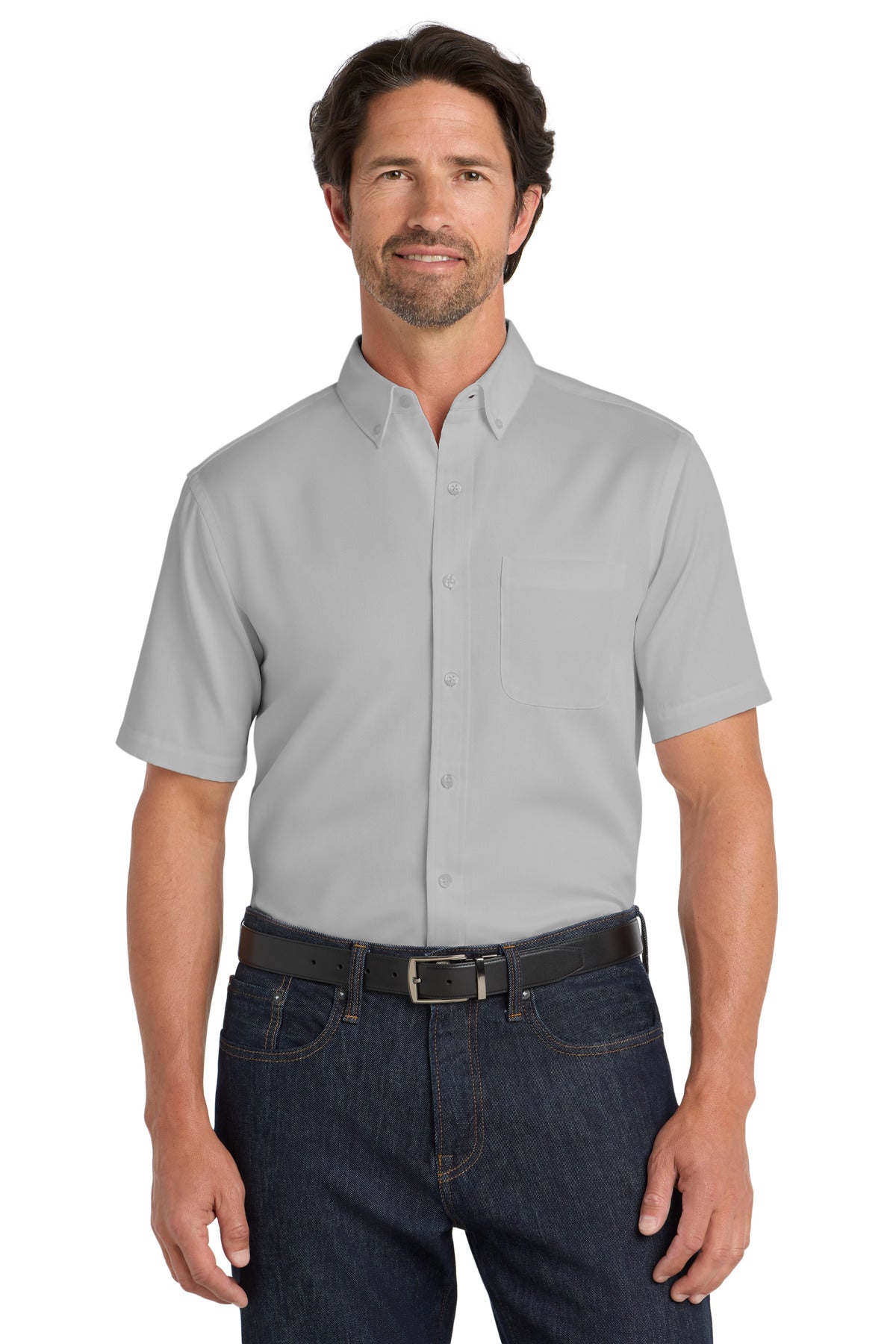 Front View of GustyGrey Port Authority Short Sleeve SuperPro React Twill Shirt. W809 plain