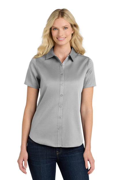 Front View of GustyGrey Port Authority Women's Short Sleeve SuperPro React Twill Shirt. LW809 plain