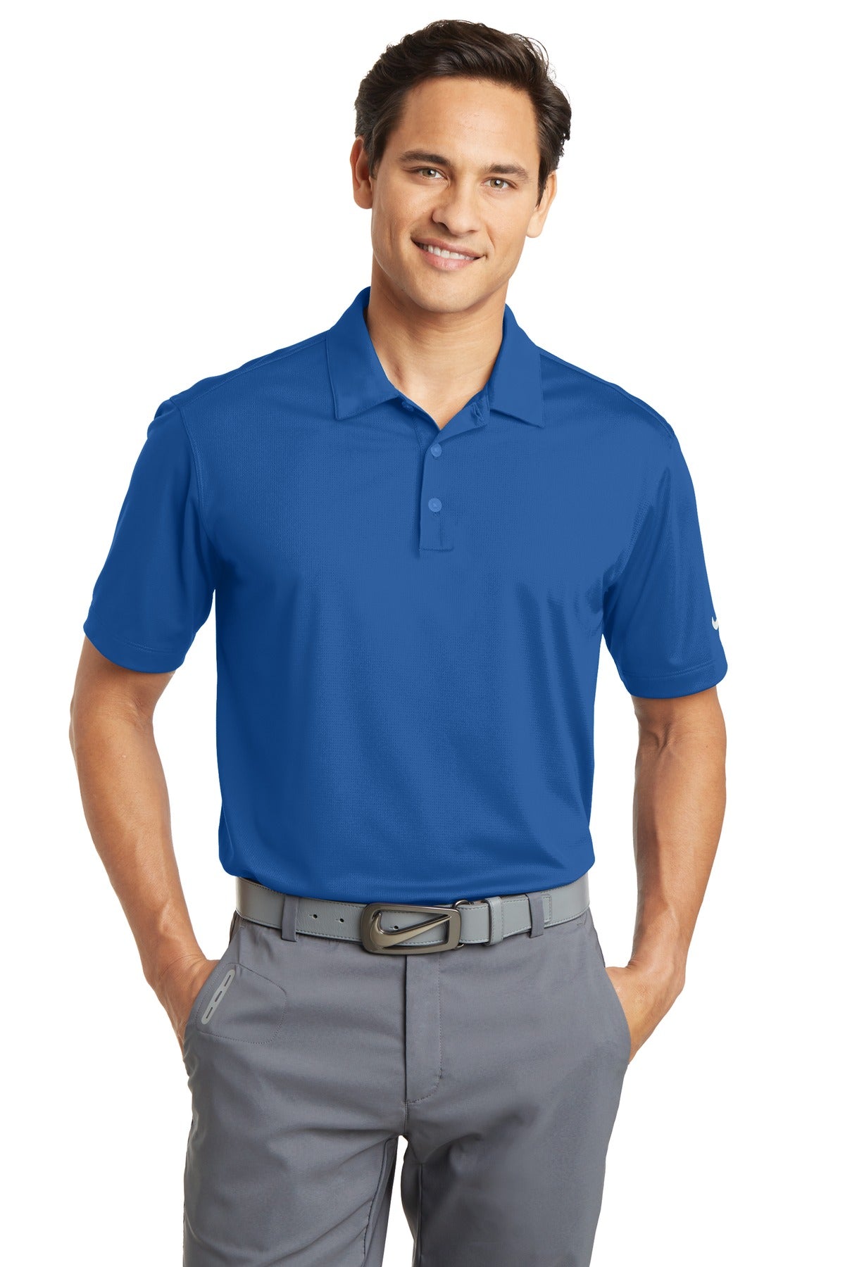 Front View of Gym Blue Nike Dri-FIT Vertical Mesh Polo. 637167 plain