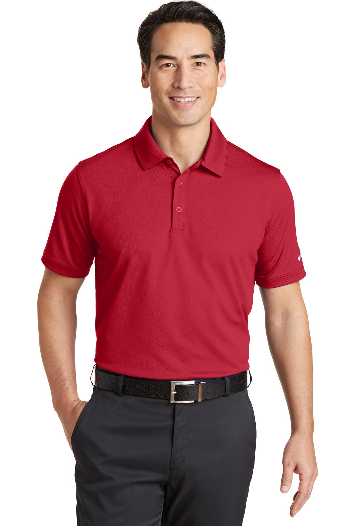 Front View of Gym Red Nike Dri-FIT Solid Icon Pique Modern Fit Polo. 746099 plain