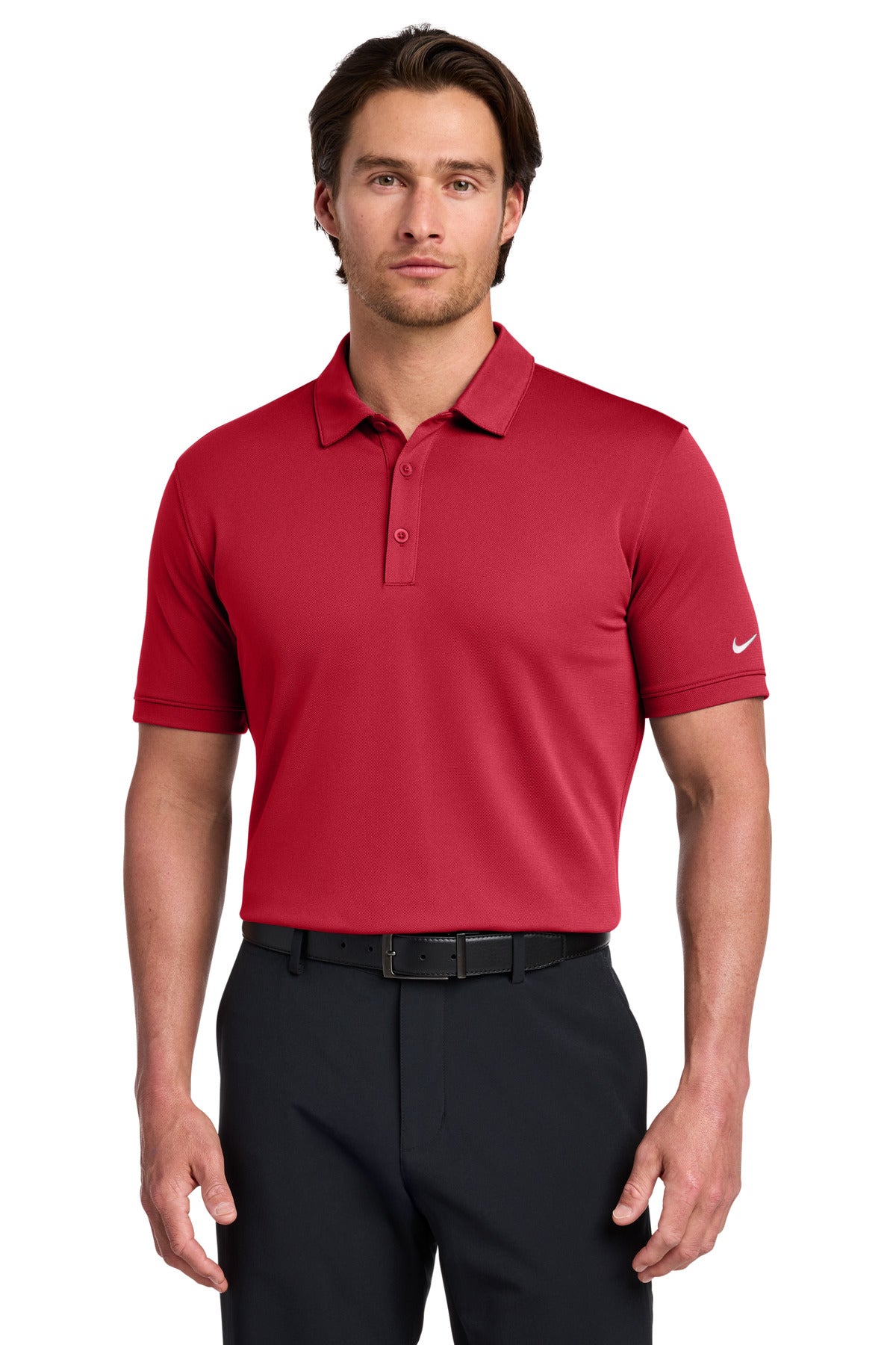Front View of Gym Red Nike Dri-FIT Solid Icon Pique Modern Fit Polo. 746099 plain