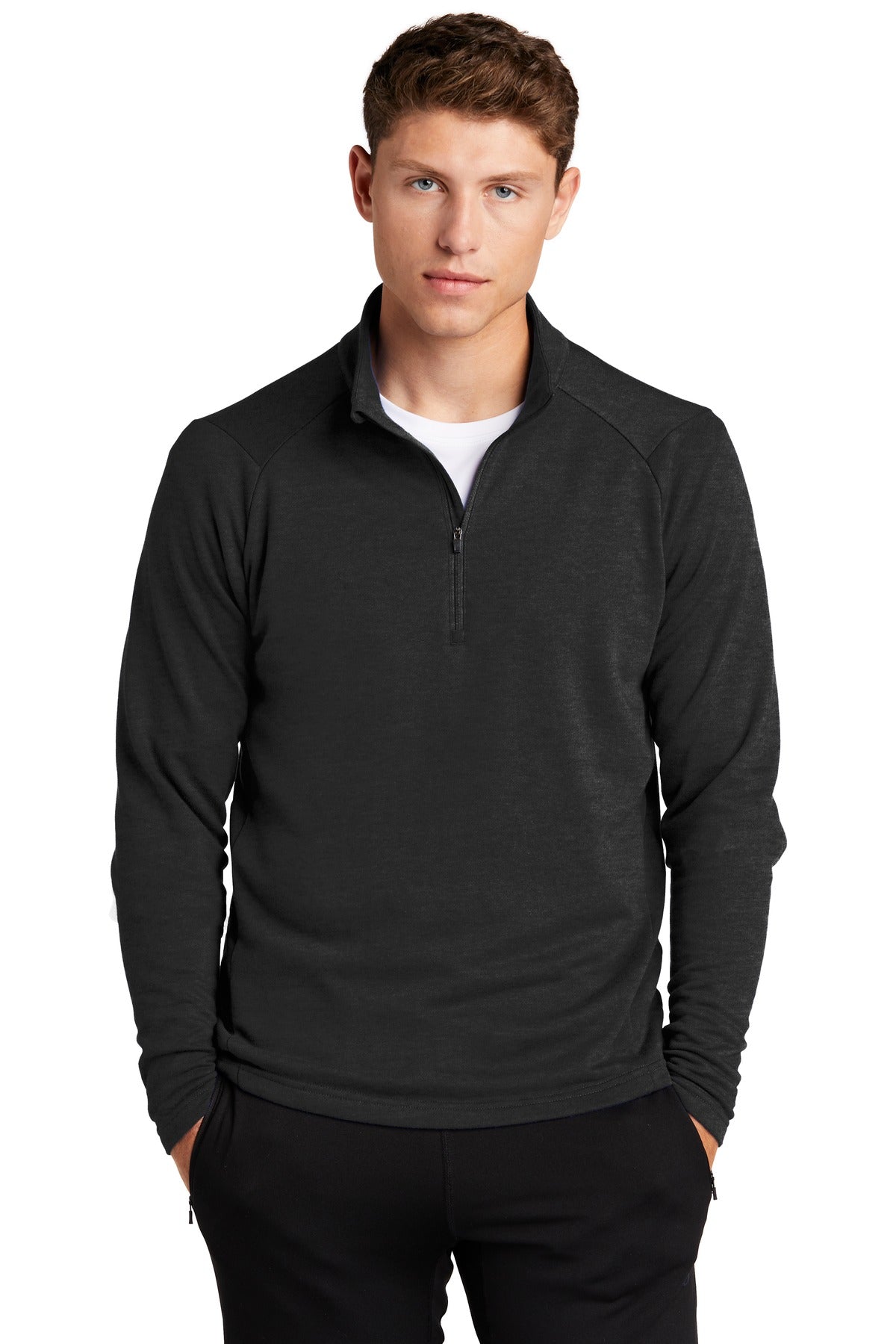 Front View of Heather Black Sport-Tek Lightweight French Terry 1/4-Zip Pullover. ST273 plain