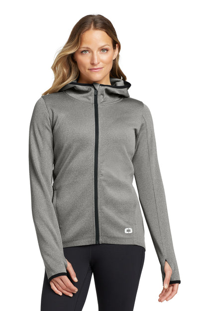 Front View of Heather Grey OGIO Women's Stealth Full-Zip Jacket. LOE728 plain