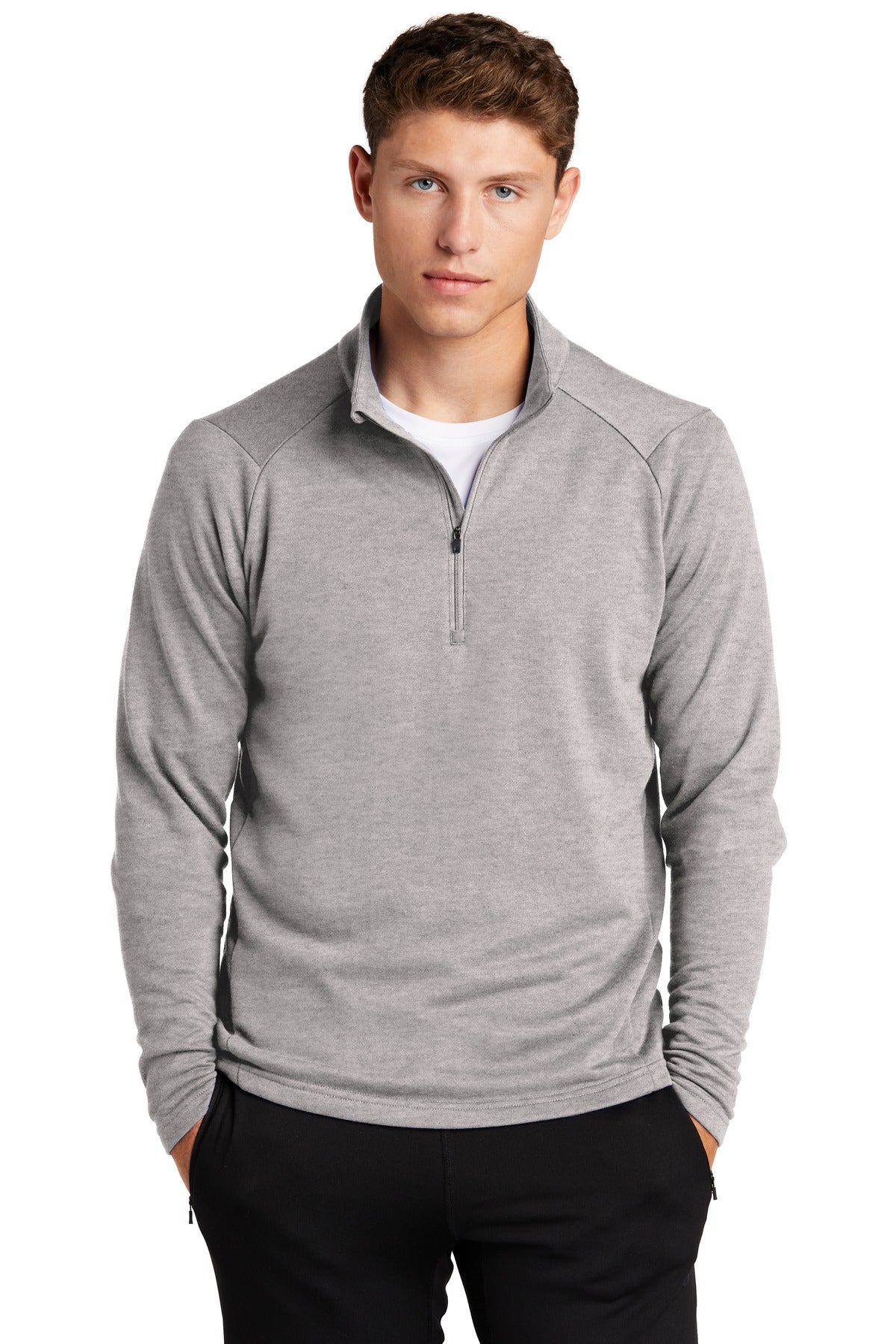 Front View of Heather Grey Sport-Tek Lightweight French Terry 1/4-Zip Pullover. ST273 plain