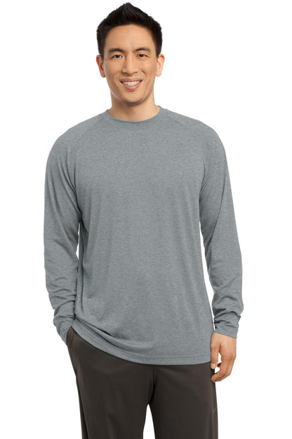 Front View of Heather Grey Sport-Tek Long Sleeve Ultimate Performance Crew. ST700LS plain