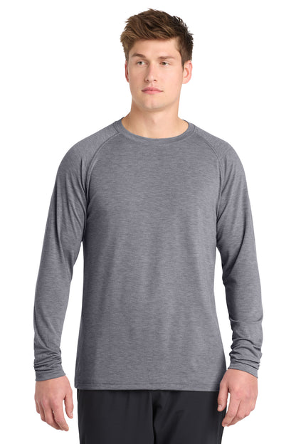 Front View of Heather Grey Sport-Tek Long Sleeve Ultimate Performance Crew. ST700LS plain