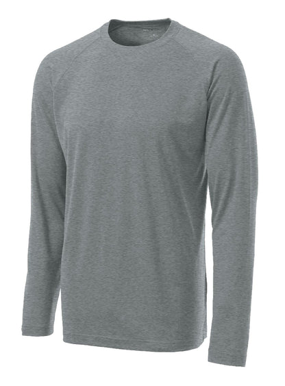 Front View of Heather Grey Sport-Tek Long Sleeve Ultimate Performance Crew. ST700LS plain