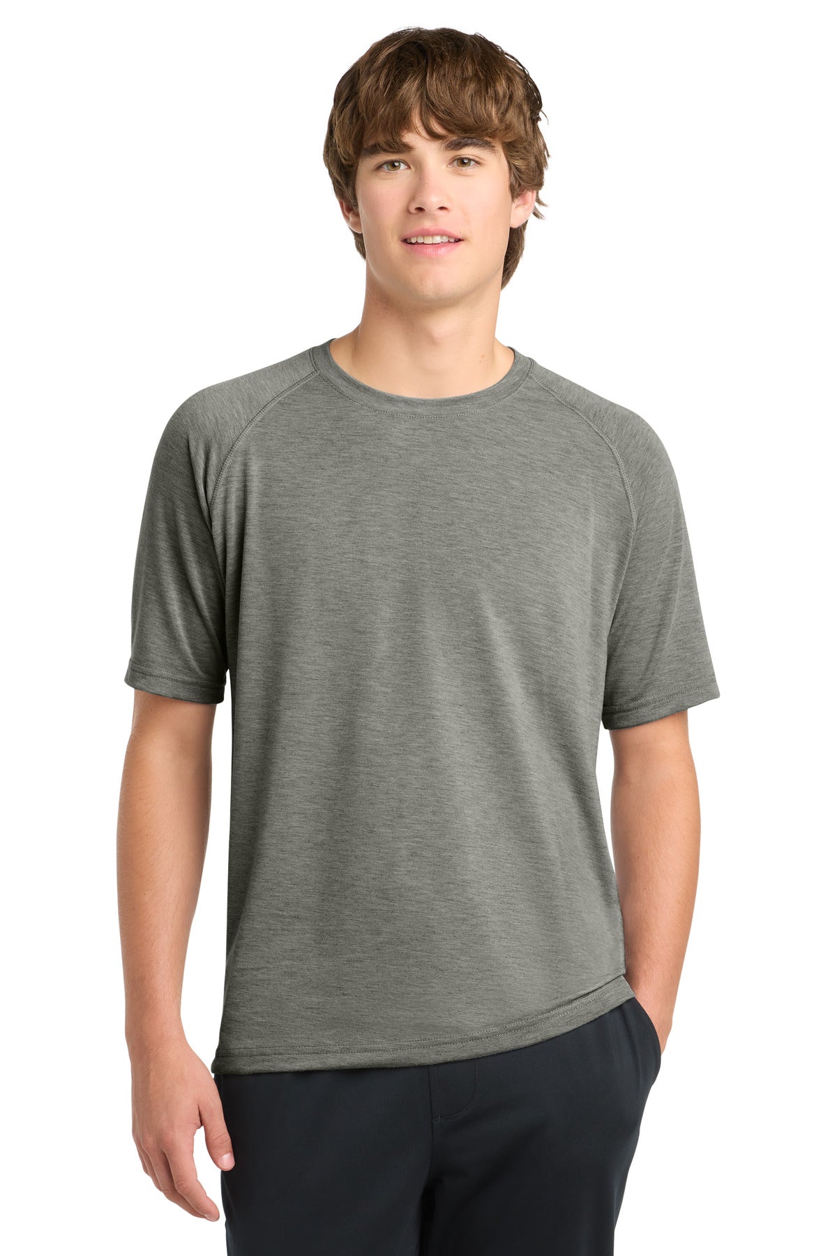 Front View of Heather Grey Sport-Tek Ultimate Performance Crew. ST700 plain