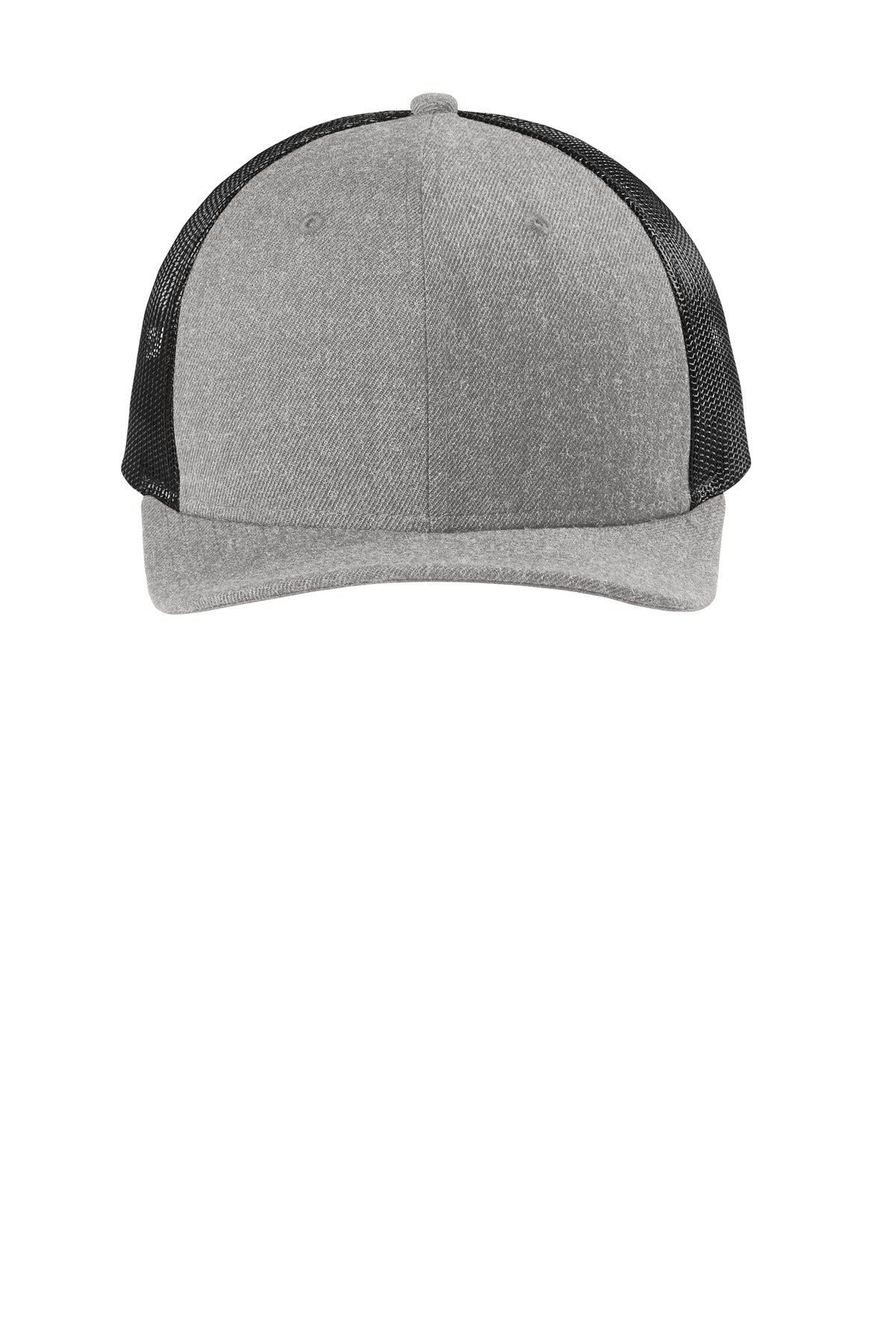 Front View of Heather Gry/Bk New Era Snapback Low Profile Trucker Cap NE207 plain