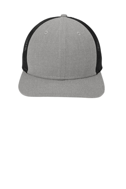 Front View of Heather Gry/Bk New Era Snapback Low Profile Trucker Cap NE207 plain